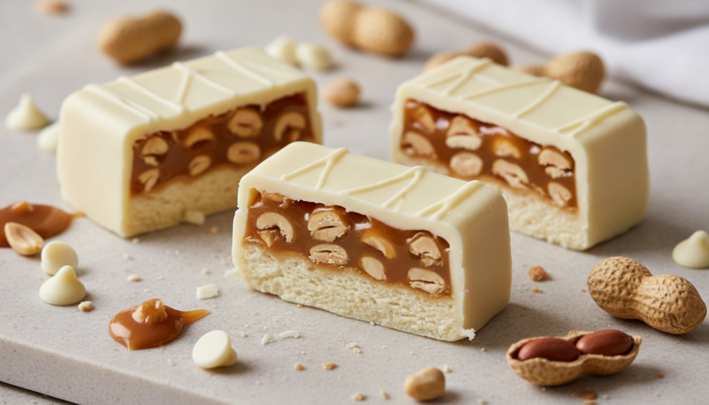 A perfectly cross-sectioned white chocolate Snickers bar showing layers of white chocolate coating caramel nougat and ro