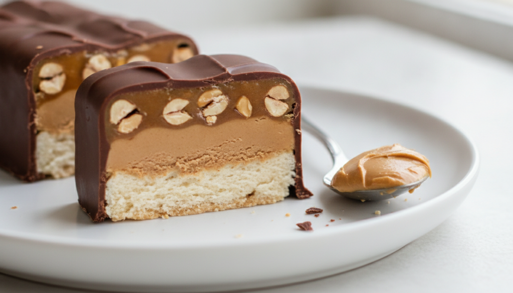 A perfectly cross-sectioned peanut butter Snickers bar showing layers of milk chocolate coating caramel a distinct peanu