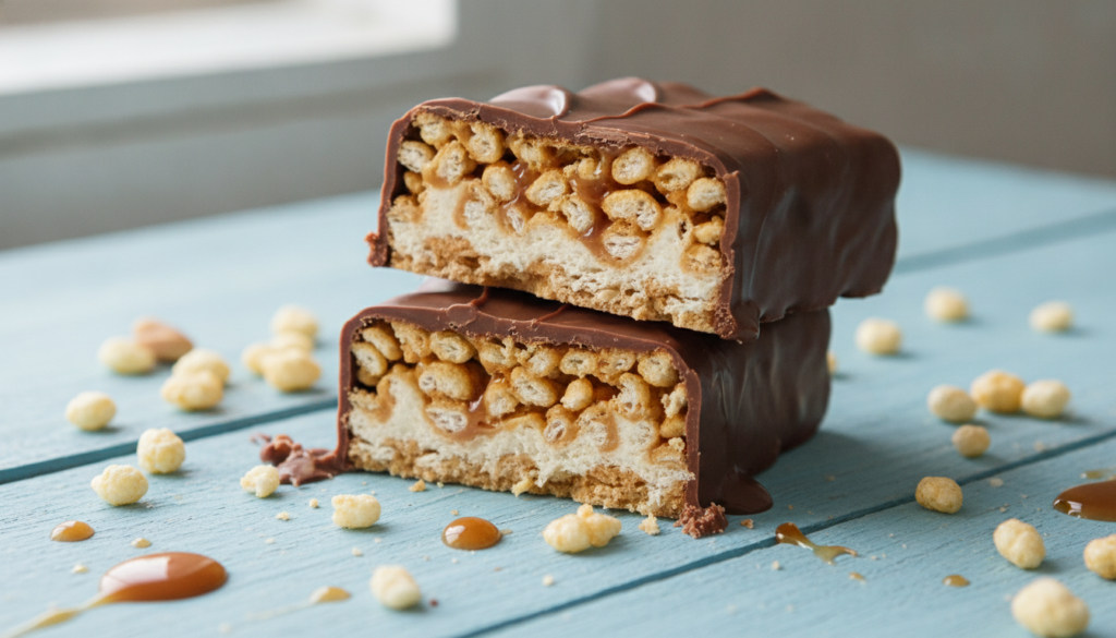 A perfectly cross-sectioned crispy Snickers bar showing layers of milk chocolate coating caramel nougat and crisp rice c