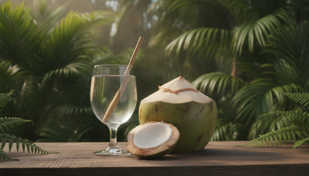 A glass of fresh coconut water with a straw next to a halved young green coconut surrounded by tropical leaves