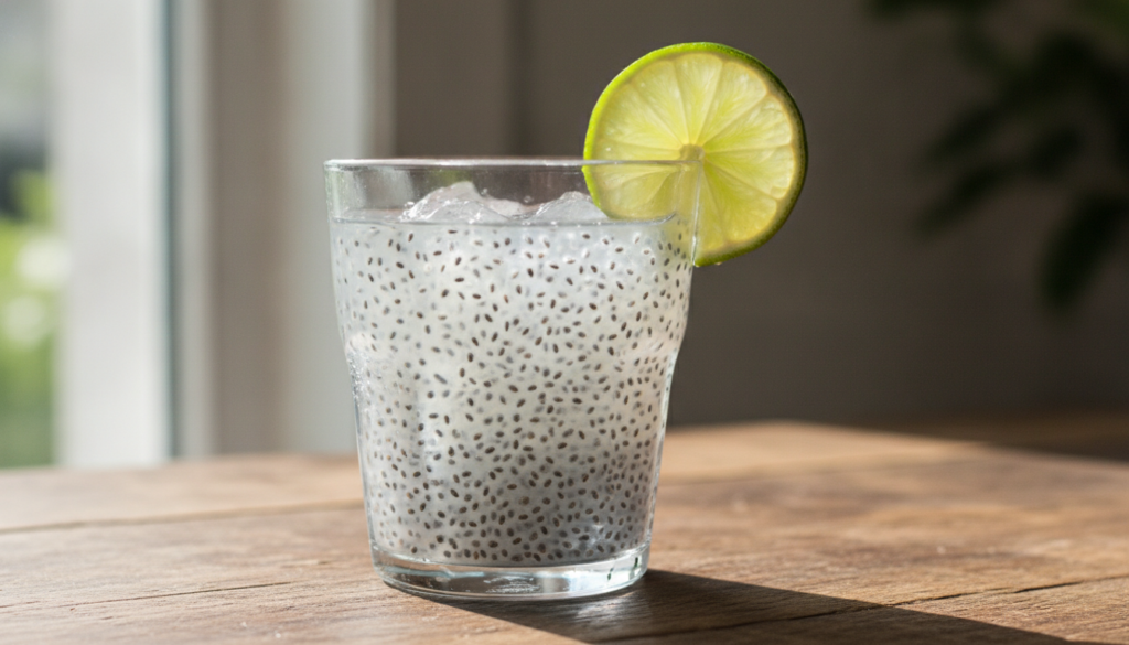 A clear glass of chia water with swollen chia seeds perhaps with a slice of lime on a rustic wooden table
