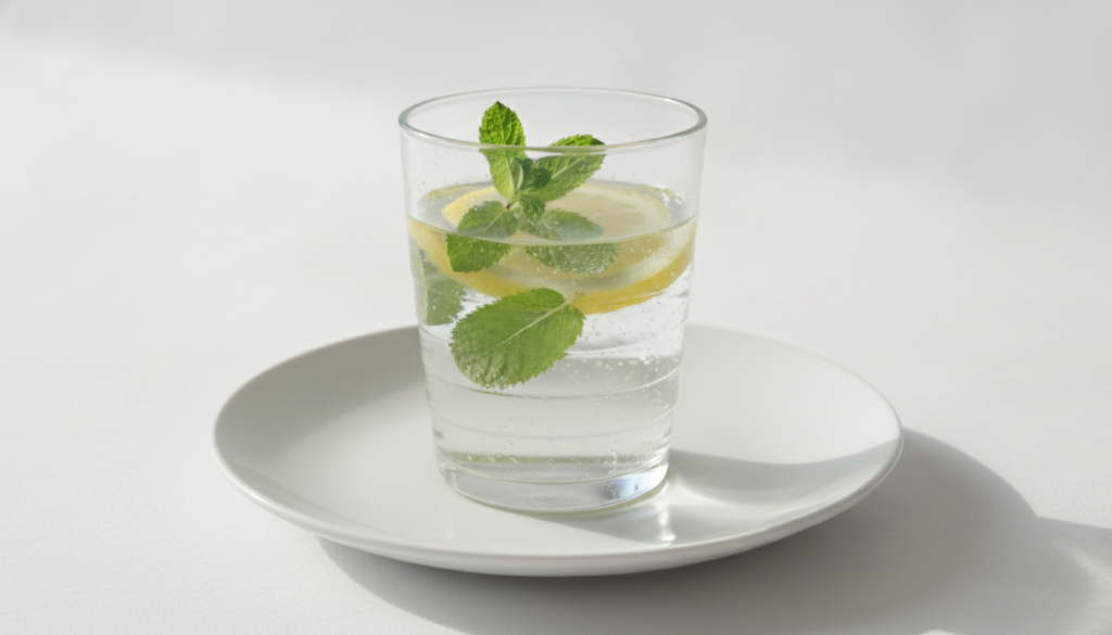 A glass of lemon water with fresh lemon slices and mint leaves perhaps with some ice on a bright clean background
