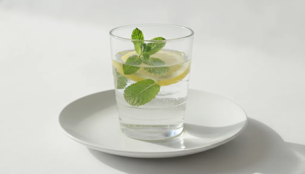 A glass of lemon water with fresh lemon slices and mint leaves perhaps with some ice on a bright clean background