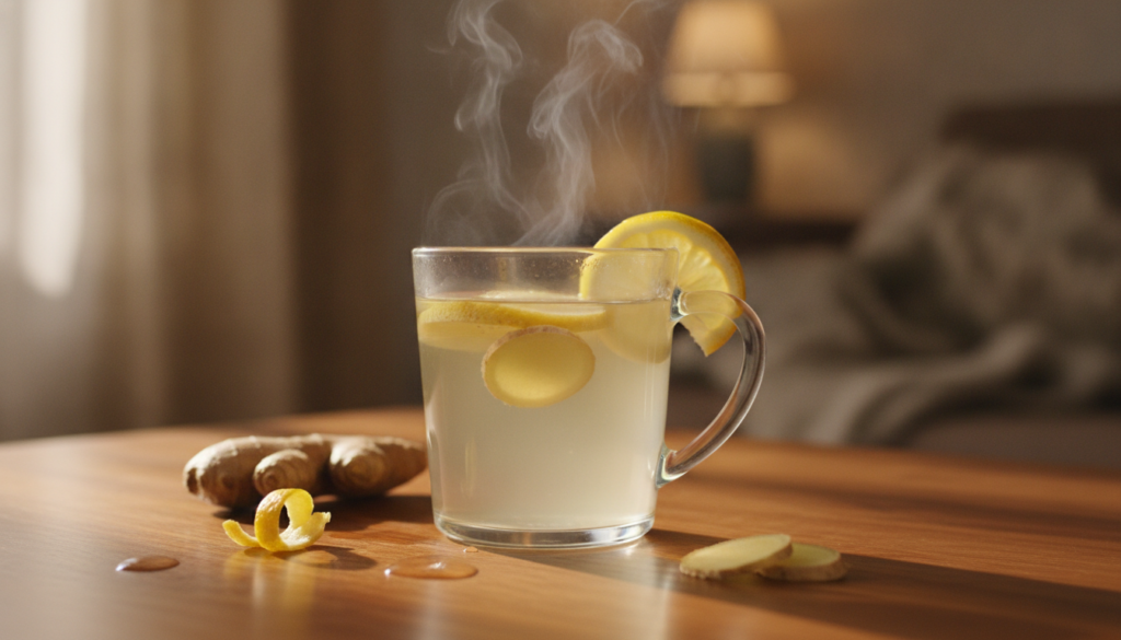 A cup of warm ginger water with thin slices of ginger and a lemon wedge on a cozy wooden surface