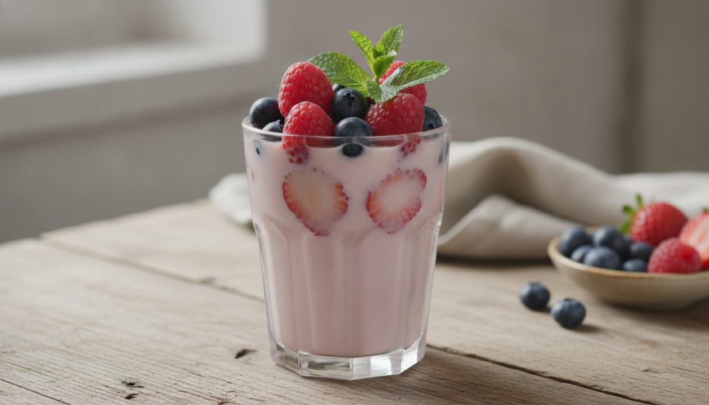 A beautiful calming homemade collagen drink in a clear glass garnished with fresh berries or a mint sprig on a rustic wo