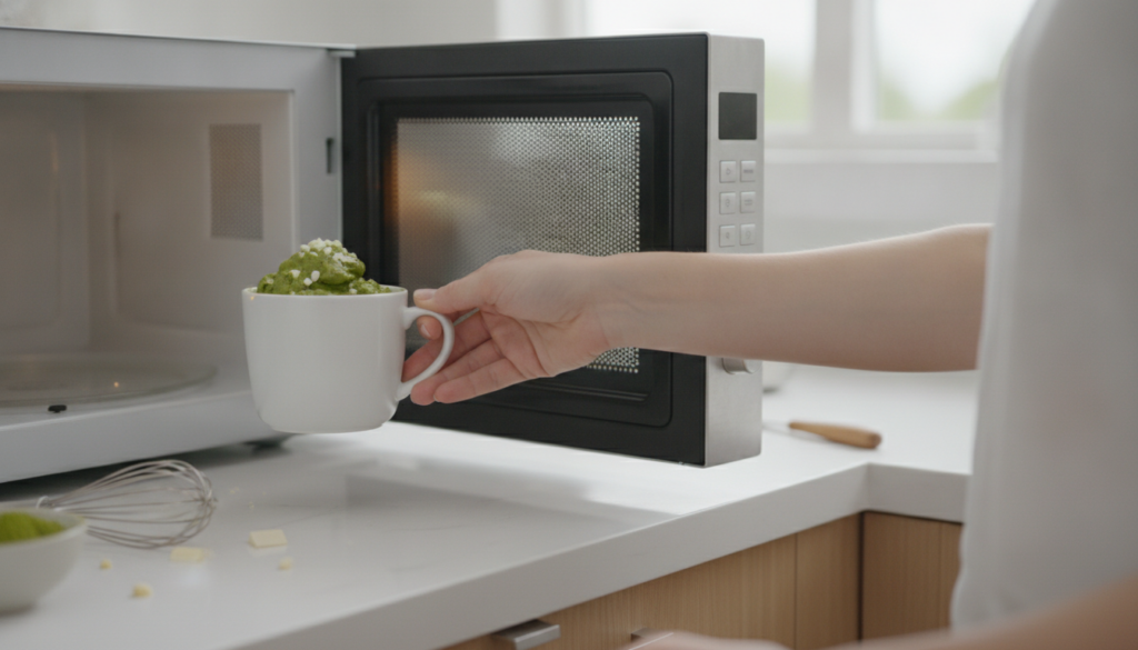 A woman s hands gently placing a microwave-safe mug with matcha cake batter into a microwave The kitchen is clean and we