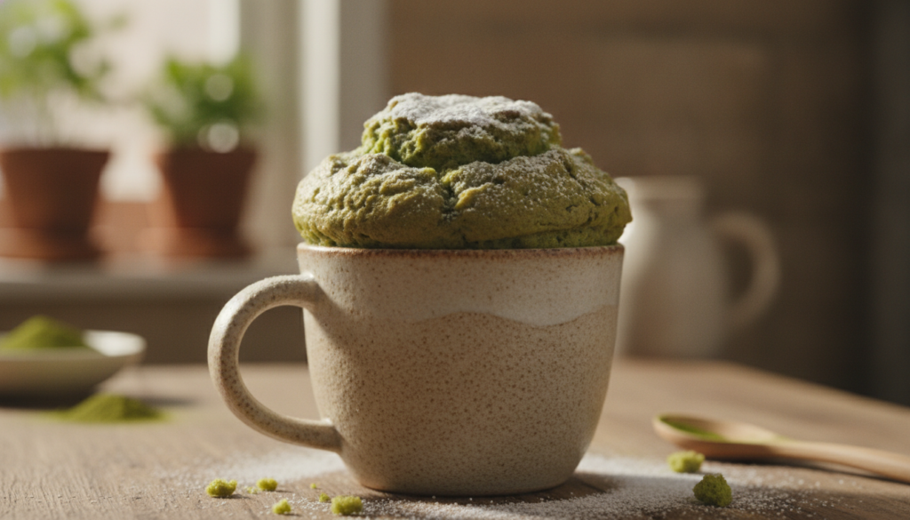 A close-up shot of a freshly baked microwave matcha cake vibrant green with a delicate dusting of powdered sugar in a sm