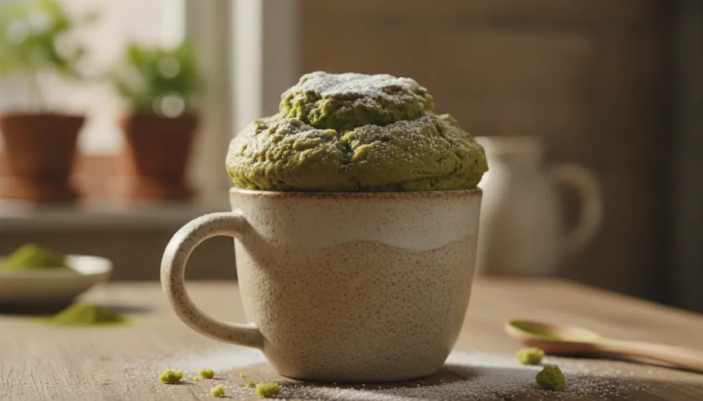 A close-up shot of a freshly baked microwave matcha cake vibrant green with a delicate dusting of powdered sugar in a sm