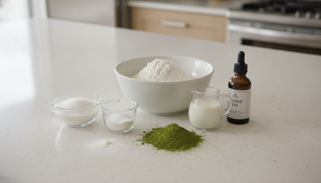Various baking ingredients for the matcha cake laid out on a clean kitchen counter flour sugar matcha powder baking powd