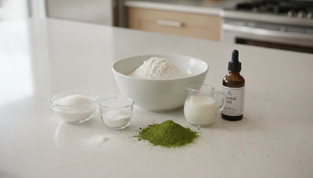Various baking ingredients for the matcha cake laid out on a clean kitchen counter flour sugar matcha powder baking powd