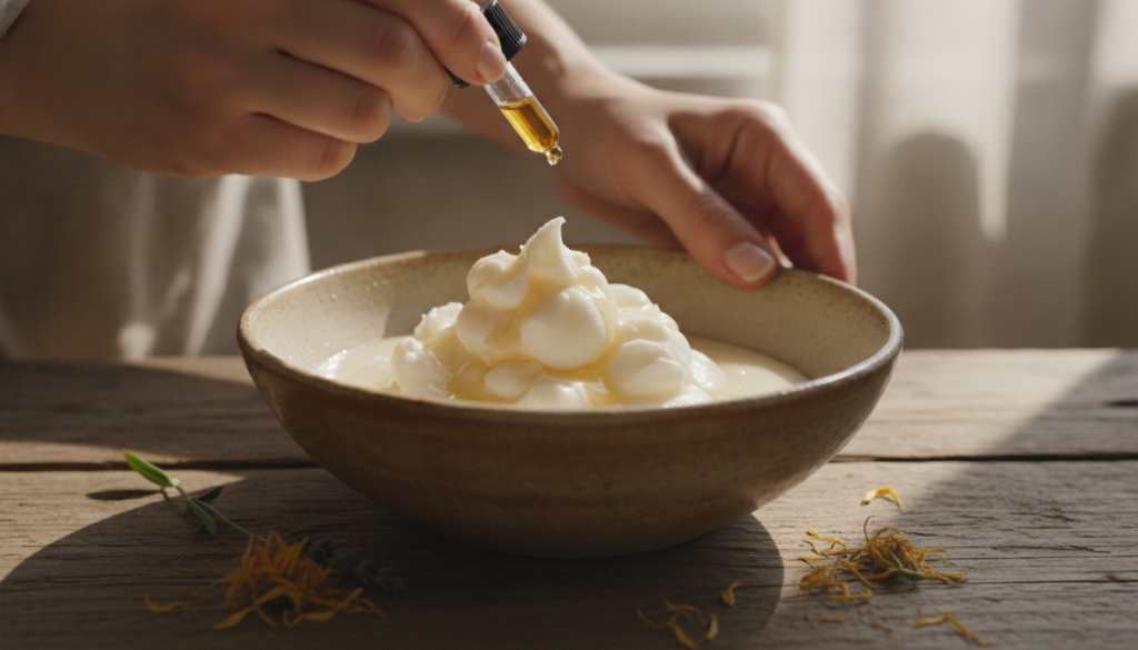 A close-up of hands mixing natural ingredients like shea butter coconut oil and a few drops of essential oil in a bowl c