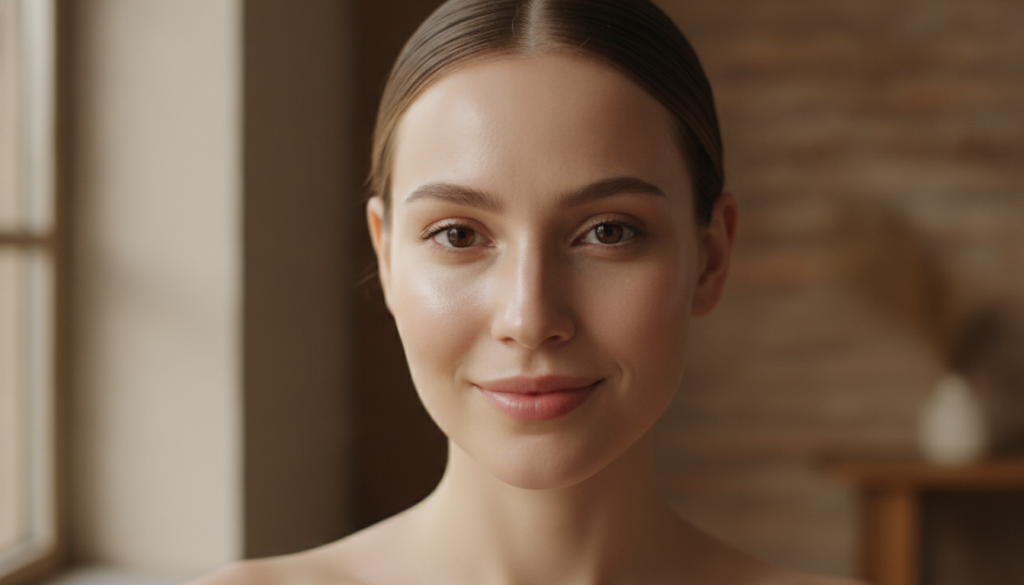 A woman with radiant clear and glowing glass skin smiling subtly highlighting the smooth and luminous texture of her fac