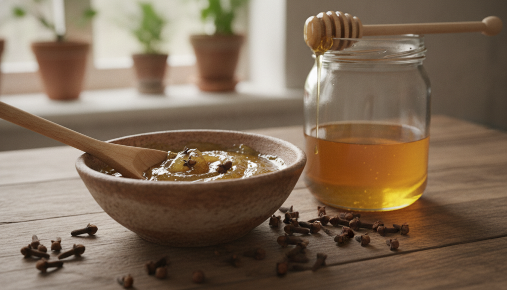 A close-up of a DIY clove and honey face mask being mixed in a small ceramic bowl with cloves and honey visible beside i