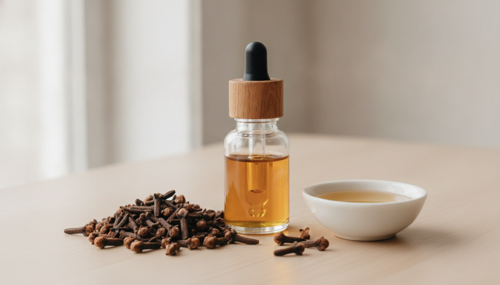 A small glass dropper bottle filled with amber clove-infused oil placed next to a pile of whole cloves and a small bowl
