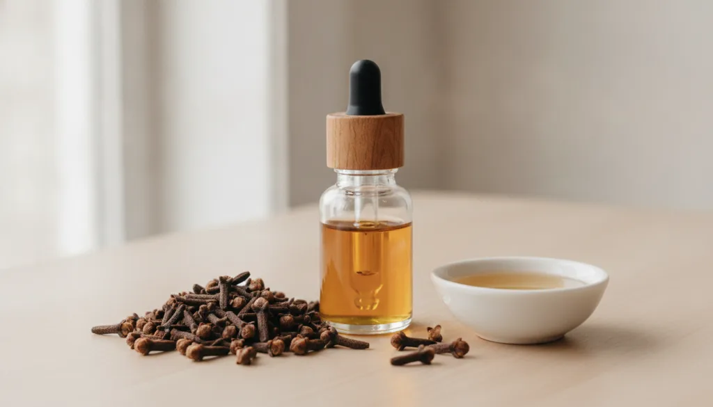 A small glass dropper bottle filled with amber clove-infused oil placed next to a pile of whole cloves and a small bowl 