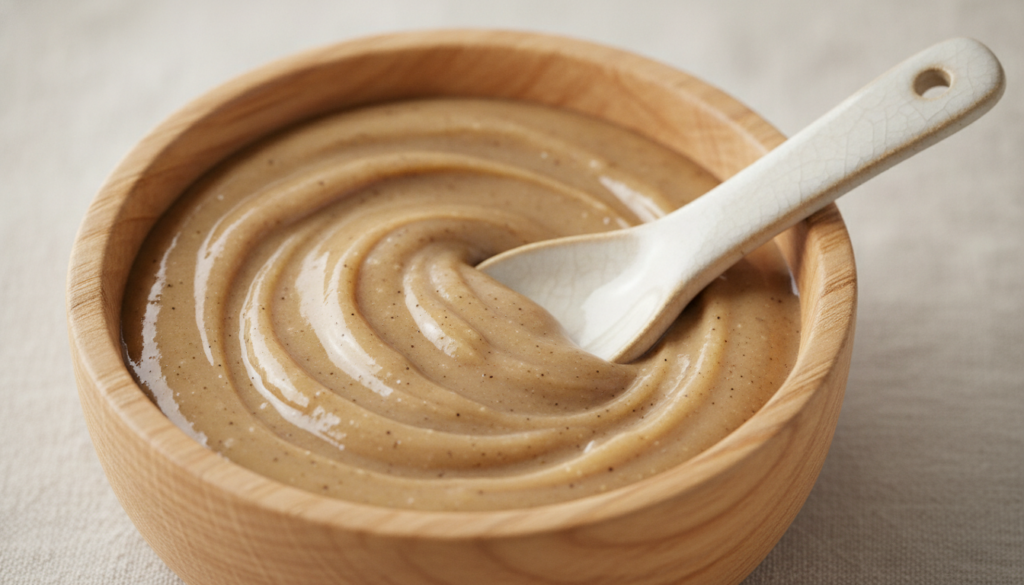 Close-up of a small bowl containing the mixed honey aloe vera and licorice root powder mask with a small spoon