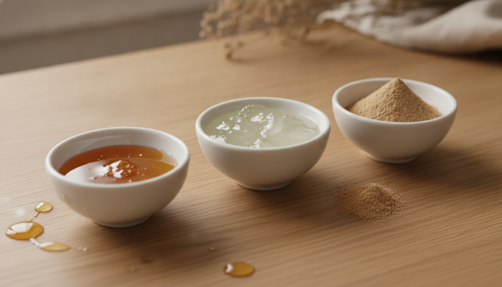 Three separate small bowls or dishes showing honey aloe vera gel and licorice root powder elegantly arranged