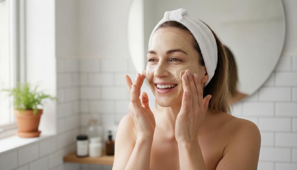 A woman applying a homemade face mask to her face looking refreshed and happy The mask is a natural beige color