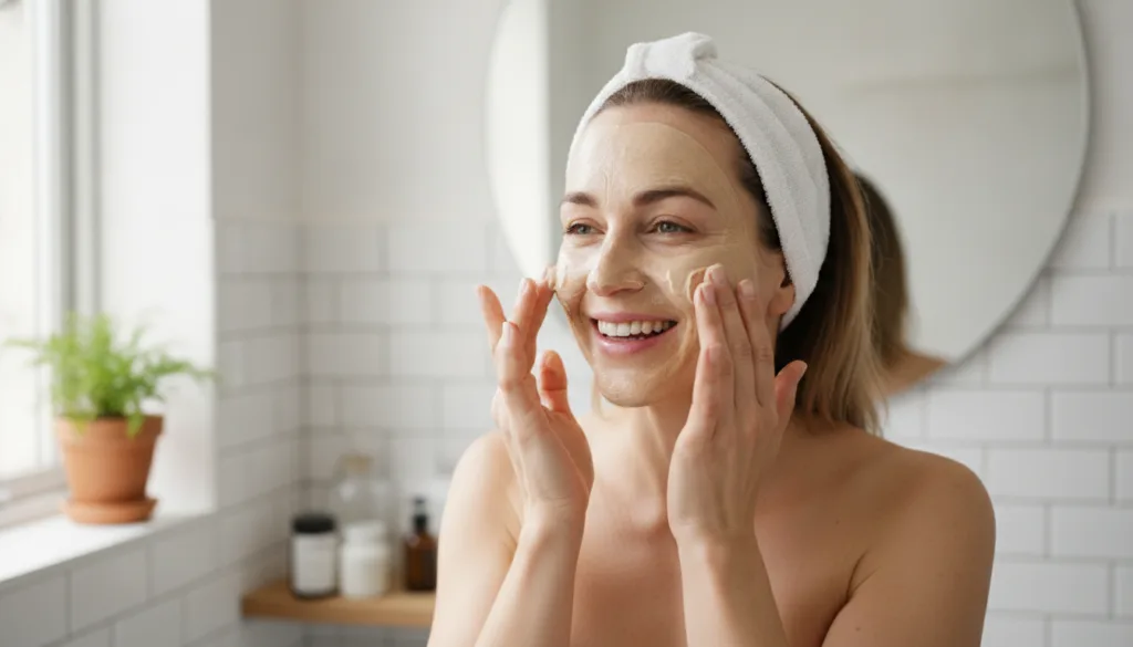 A woman applying a homemade face mask to her face looking refreshed and happy The mask is a natural beige color