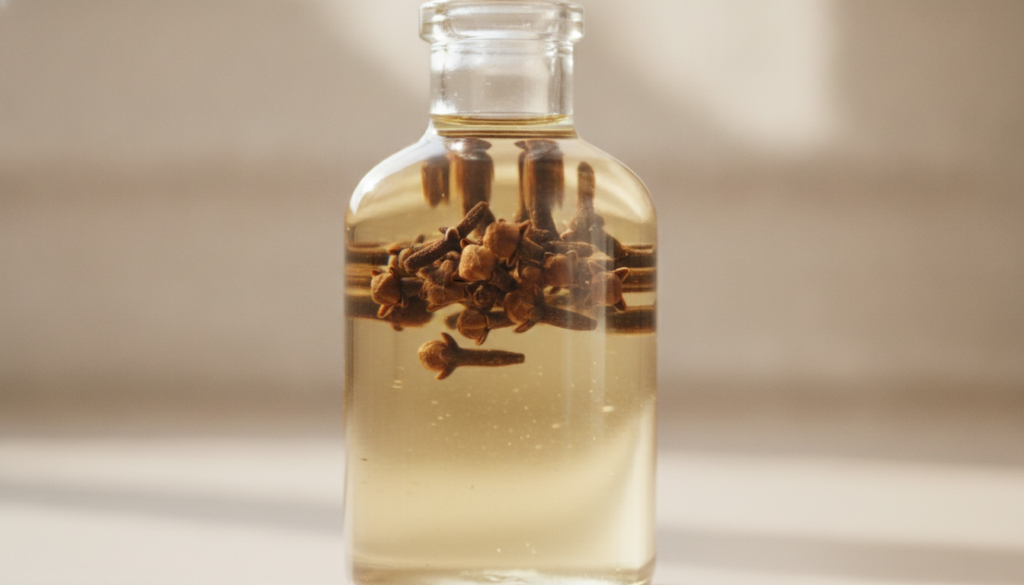 Close-up of a clear glass bottle of baby oil infused with whole cloves on a soft background