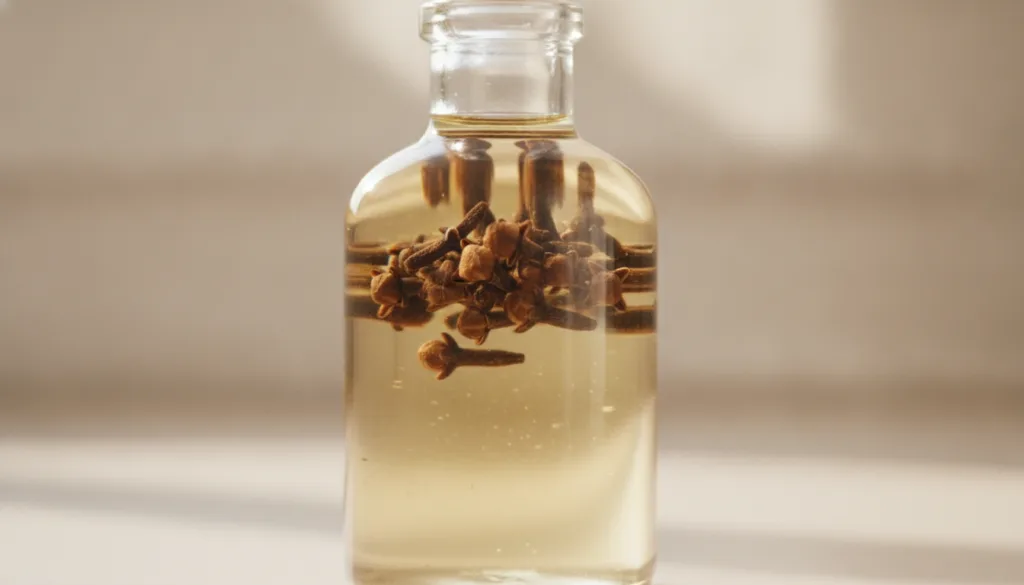 Close-up of a clear glass bottle of baby oil infused with whole cloves on a soft background