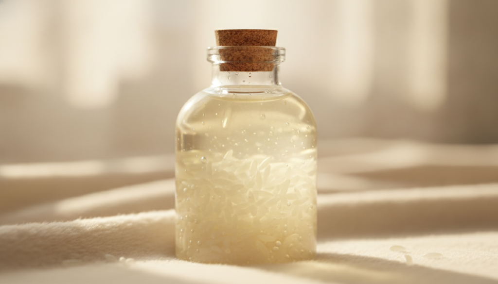 Close-up of a clear glass bottle of baby oil infused with white rice grains on a soft background