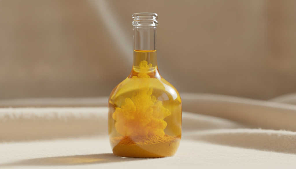 Close-up of a clear glass bottle of baby oil infused with yellow turmeric powder on a soft background