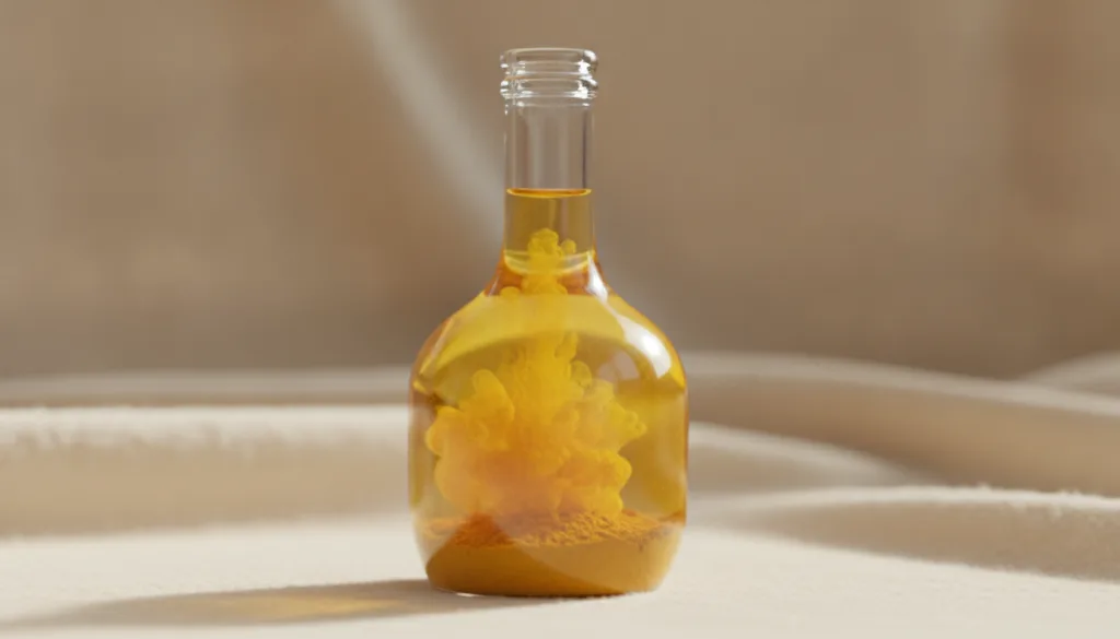 Close-up of a clear glass bottle of baby oil infused with yellow turmeric powder on a soft background