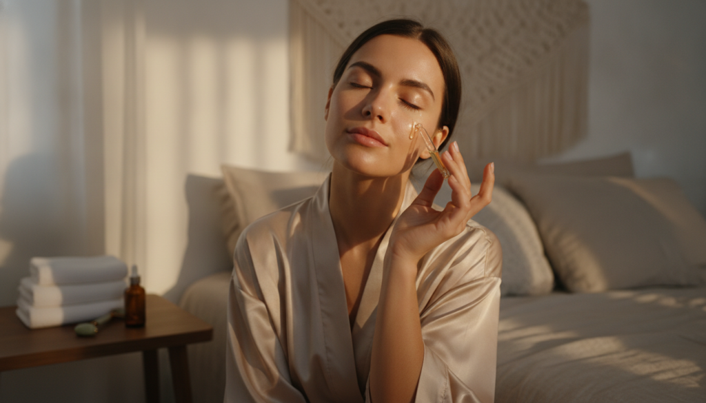 A woman gently applying a few drops of oil to her face with her fingertips during an evening skincare routine in a warm 