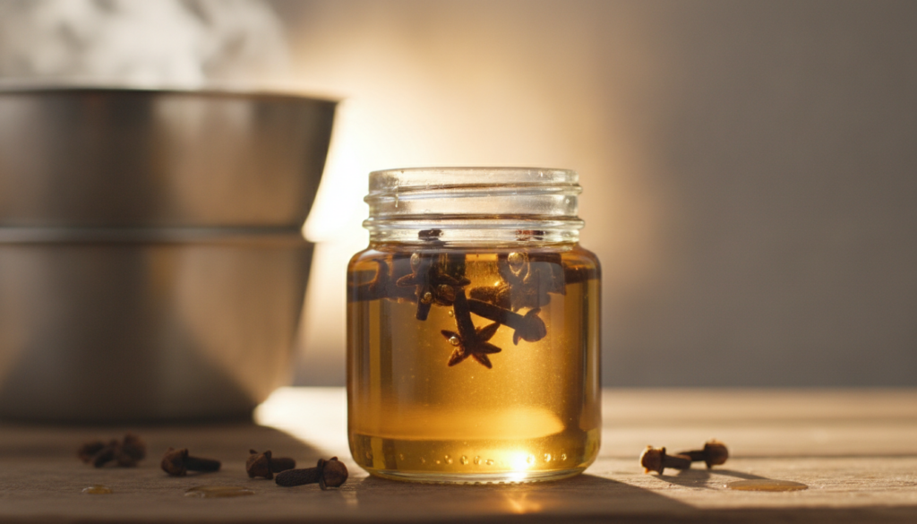 Close-up of a small glass jar containing whole cloves infusing in a carrier oil with the gentle steam of a double boiler
