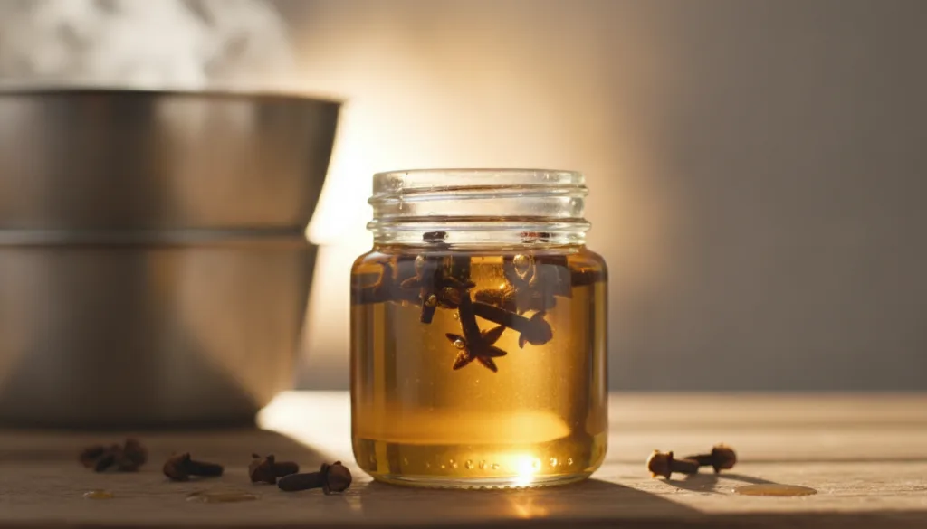 Close-up of a small glass jar containing whole cloves infusing in a carrier oil with the gentle steam of a double boiler