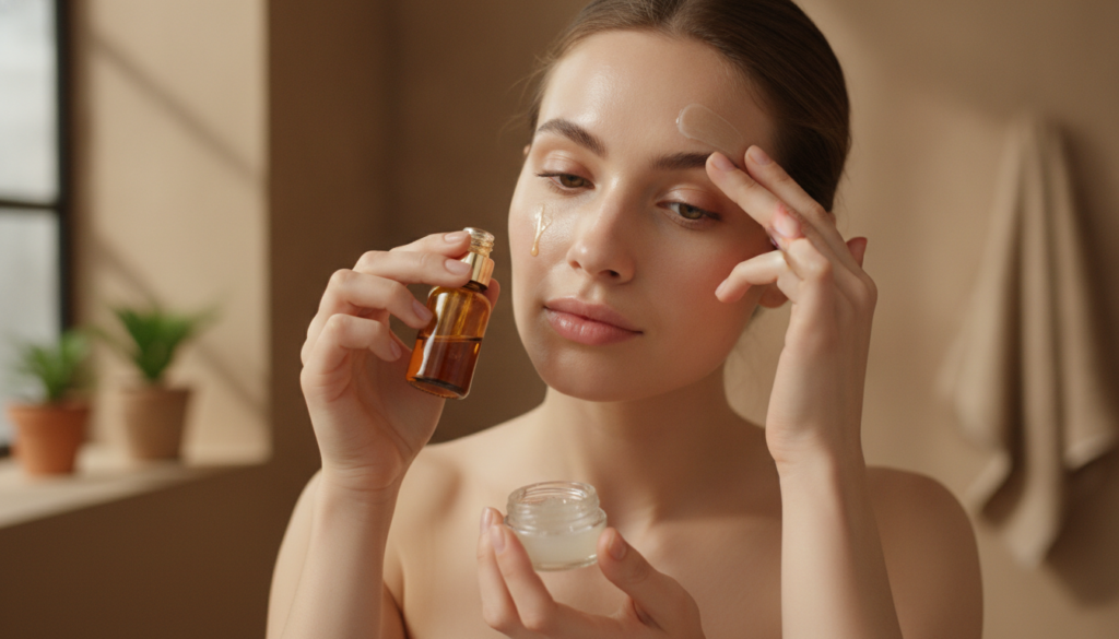 A woman gently massaging clove-infused oil into her face followed by applying a thin layer of petroleum jelly Her skin a