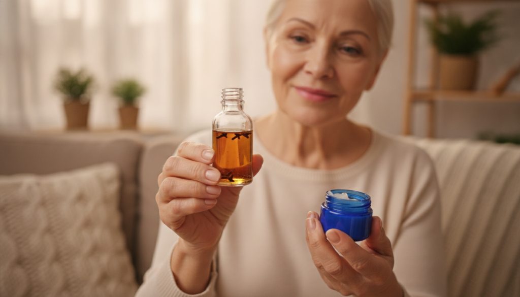An older woman with glowing smooth skin holding a small bottle of homemade clove-infused oil and a jar of petroleum jell