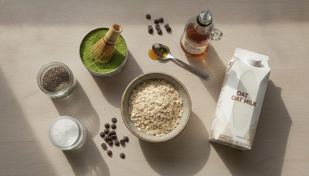 Various ingredients for the Matcha Oat Cup recipe laid out rolled oats chia seeds matcha powder milk maple syrup dark ch