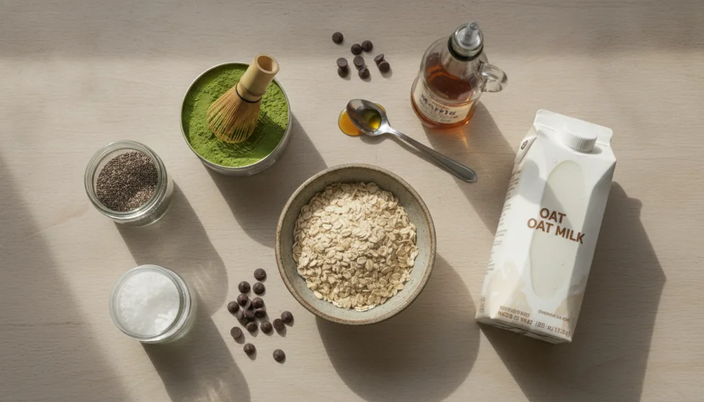 Various ingredients for the Matcha Oat Cup recipe laid out rolled oats chia seeds matcha powder milk maple syrup dark ch