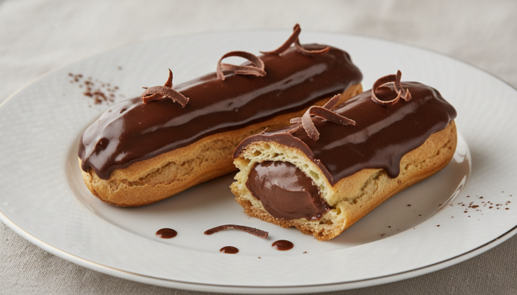 Two perfectly piped and glazed chocolate eclairs on a white plate one sliced to show the creamy filling garnished with a