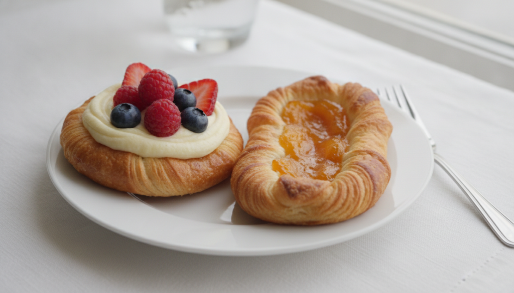 Two golden-brown Danish pastries one with cream cheese and berries the other with apricot jam on a white plate with a fo