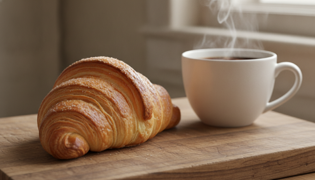 A perfectly baked golden-brown classic croissant with visible flaky layers on a rustic wooden board a few crumbs around 
