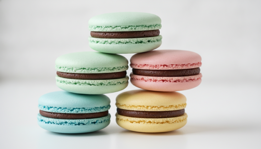 A stack of perfectly round pastel-colored French macarons with shiny shells and a visible foot filled with dark chocolat