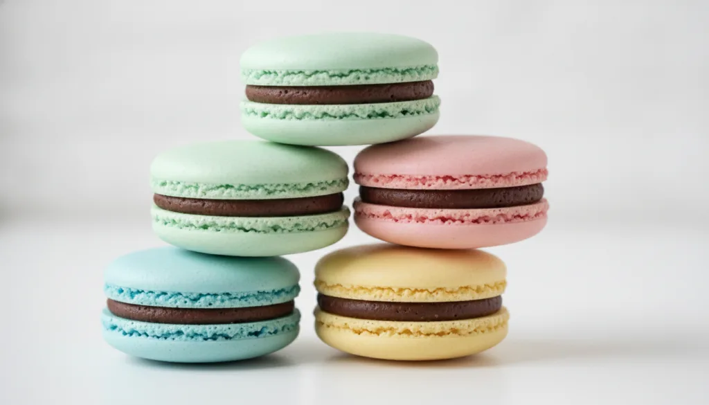 A stack of perfectly round pastel-colored French macarons with shiny shells and a visible foot filled with dark chocolat