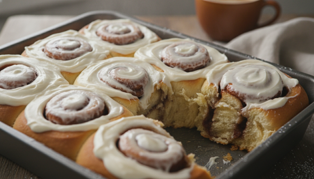 A pan of warm freshly baked cinnamon rolls with generous cream cheese frosting some rolls pulled apart to show the gooey