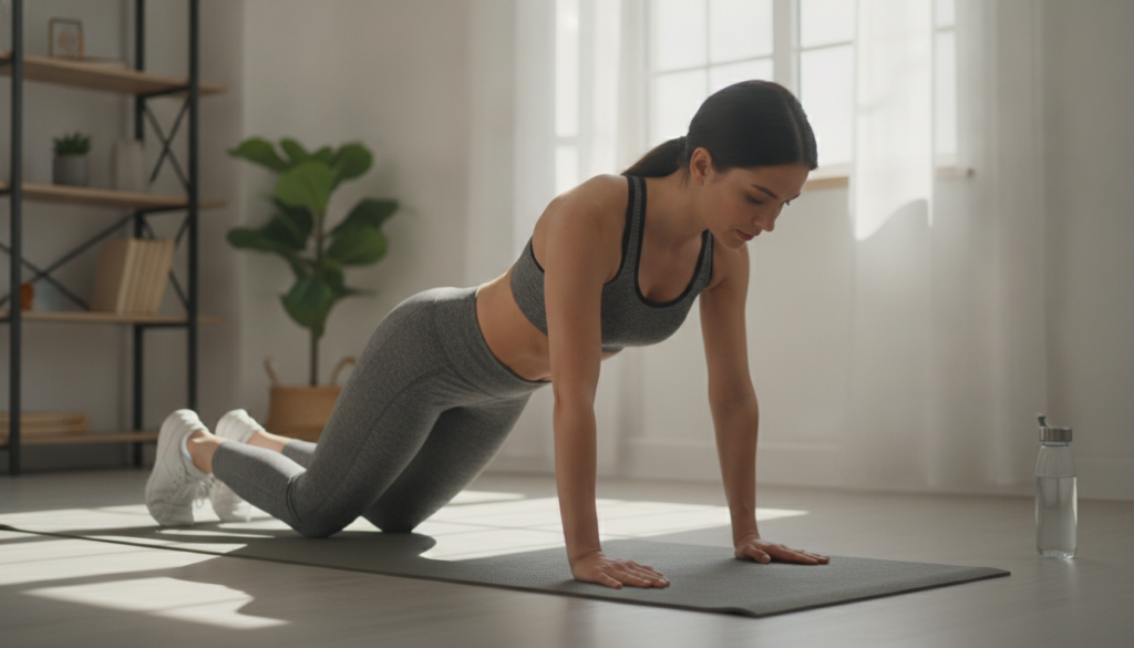 A woman performing knee push-ups with good form demonstrating a modification for beginners She has a straight line from 