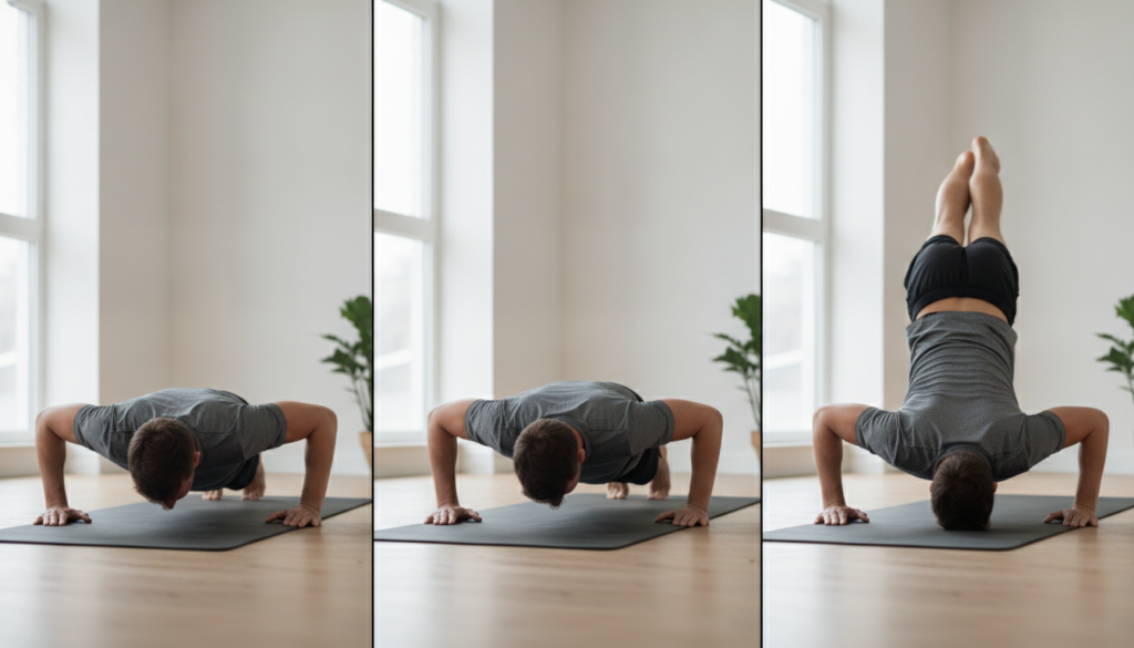 A person demonstrating common push-up mistakes side-by-side one with flared elbows one with sagging hips and one with a 
