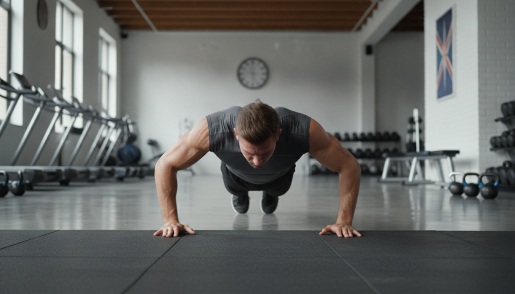 A person demonstrating perfect push-up form mid-descent with a straight back engaged core and elbows tucked close to the