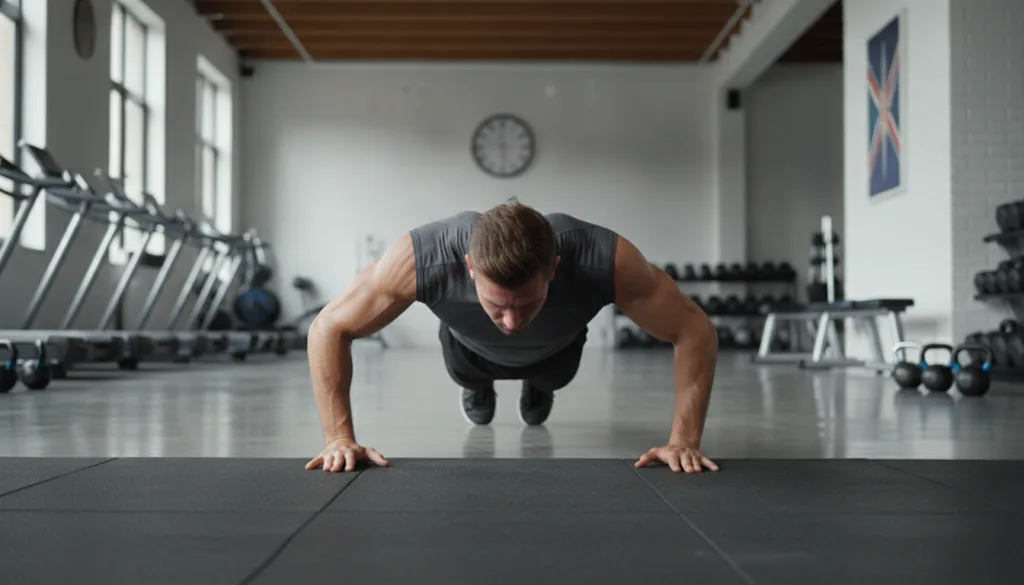 A person demonstrating perfect push-up form mid-descent with a straight back engaged core and elbows tucked close to the