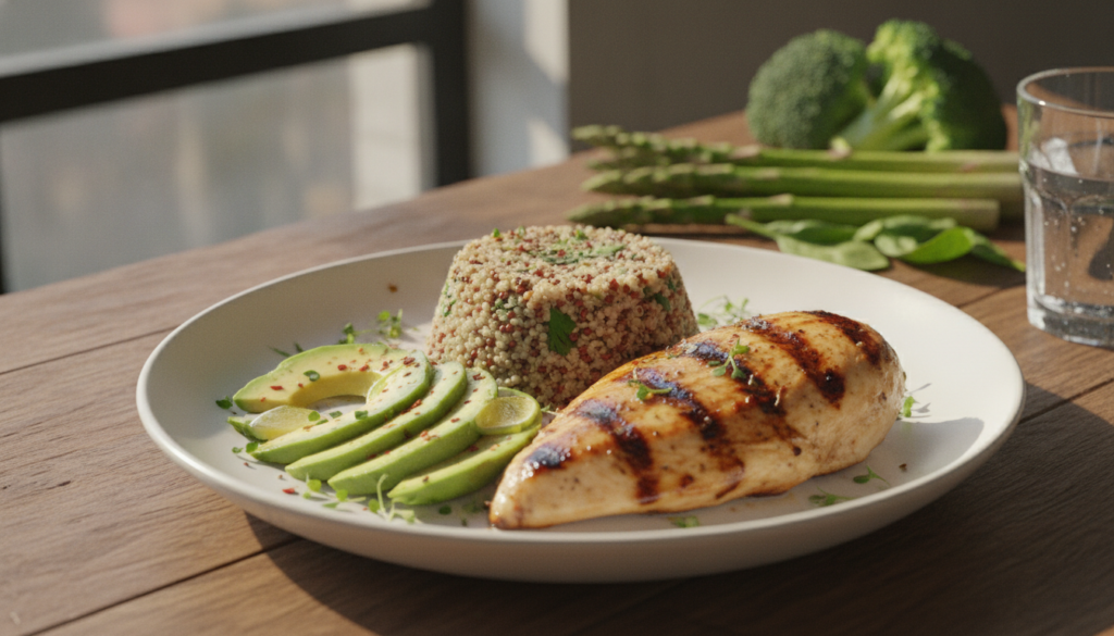 A well-balanced meal with lean protein chicken breast complex carbohydrates quinoa and healthy fats avocado illustrating