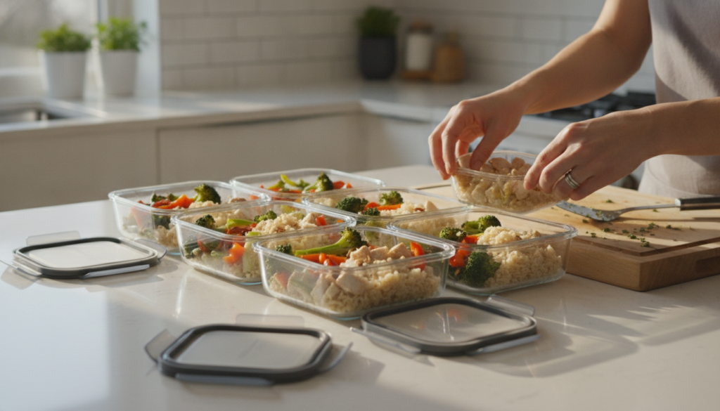 A person preparing healthy meals in containers showing meal prep for the week symbolizing planning and consistency