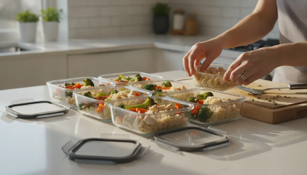 A person preparing healthy meals in containers showing meal prep for the week symbolizing planning and consistency