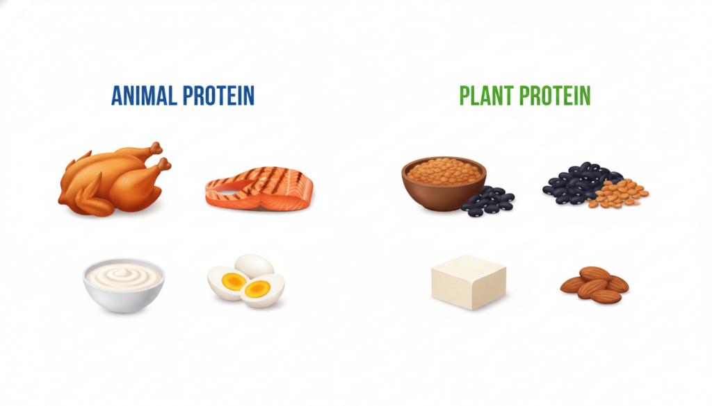 A vibrant and organized infographic or visual guide showcasing various protein sources categorized into animal-based chi