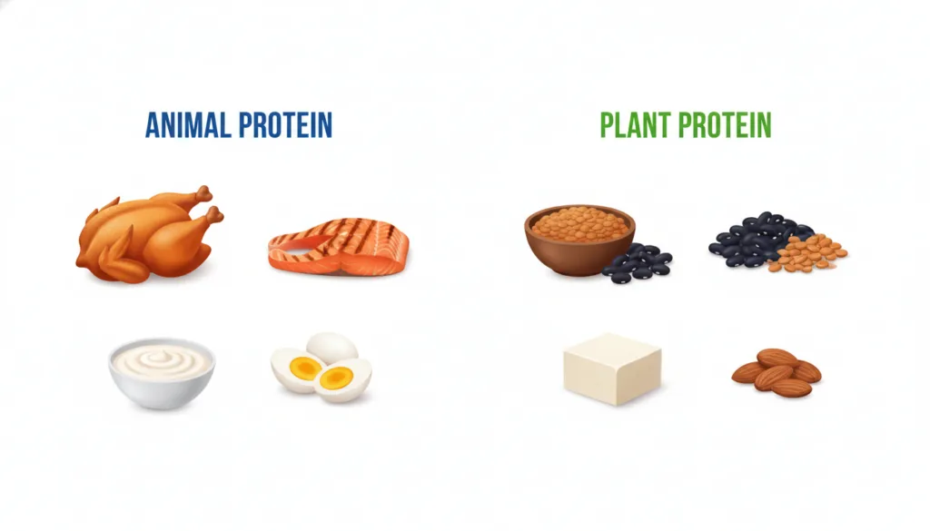 A vibrant and organized infographic or visual guide showcasing various protein sources categorized into animal-based chi